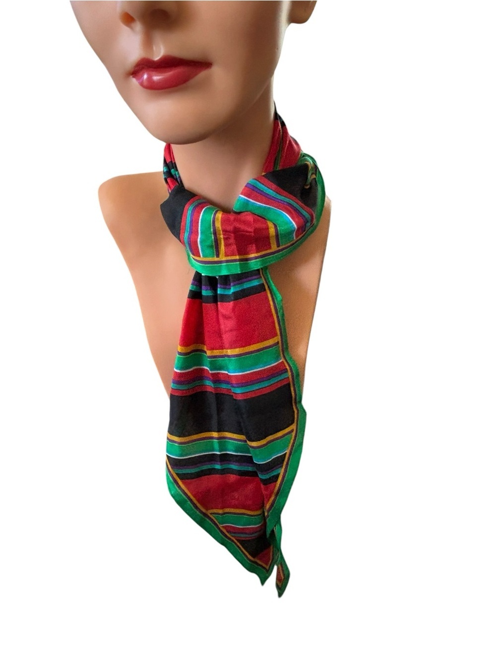 Y2K Liz Claiborne 100% SILK Oblong Scarf 60”LX9”W Red Black Green Blue Stripes